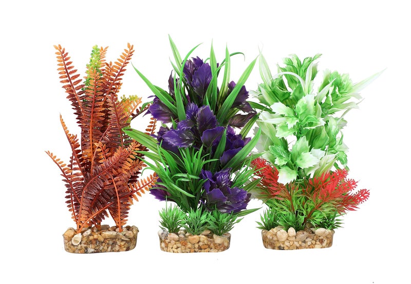 CNZ 3 Pcs Assorted Lifelike Aquarium Plastic Plant Decoration with Gravel Base, 8-inch, Orange, Green, Purple (3pcs8inchGB) - Image 1